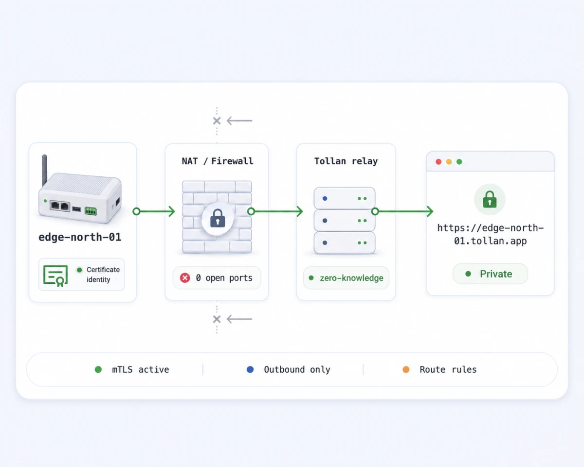 A device behind a NAT firewall dials out to the Tollan relay with no open ports, and answers at https://edge-north-01.tollan.app
